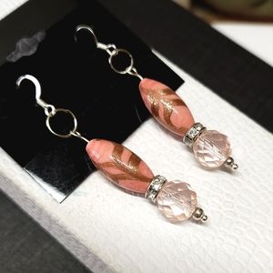 Handmade Vintage Pink & Gold Murano Glass Crystal Dangle Earrings